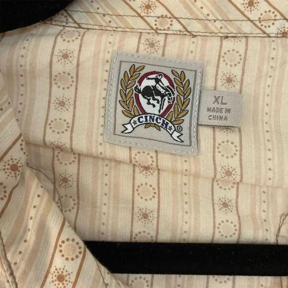 Cinch Men's XL Beige Striped Western Pearl Snap Shirt Long Sleeve - Picture 2 of 8